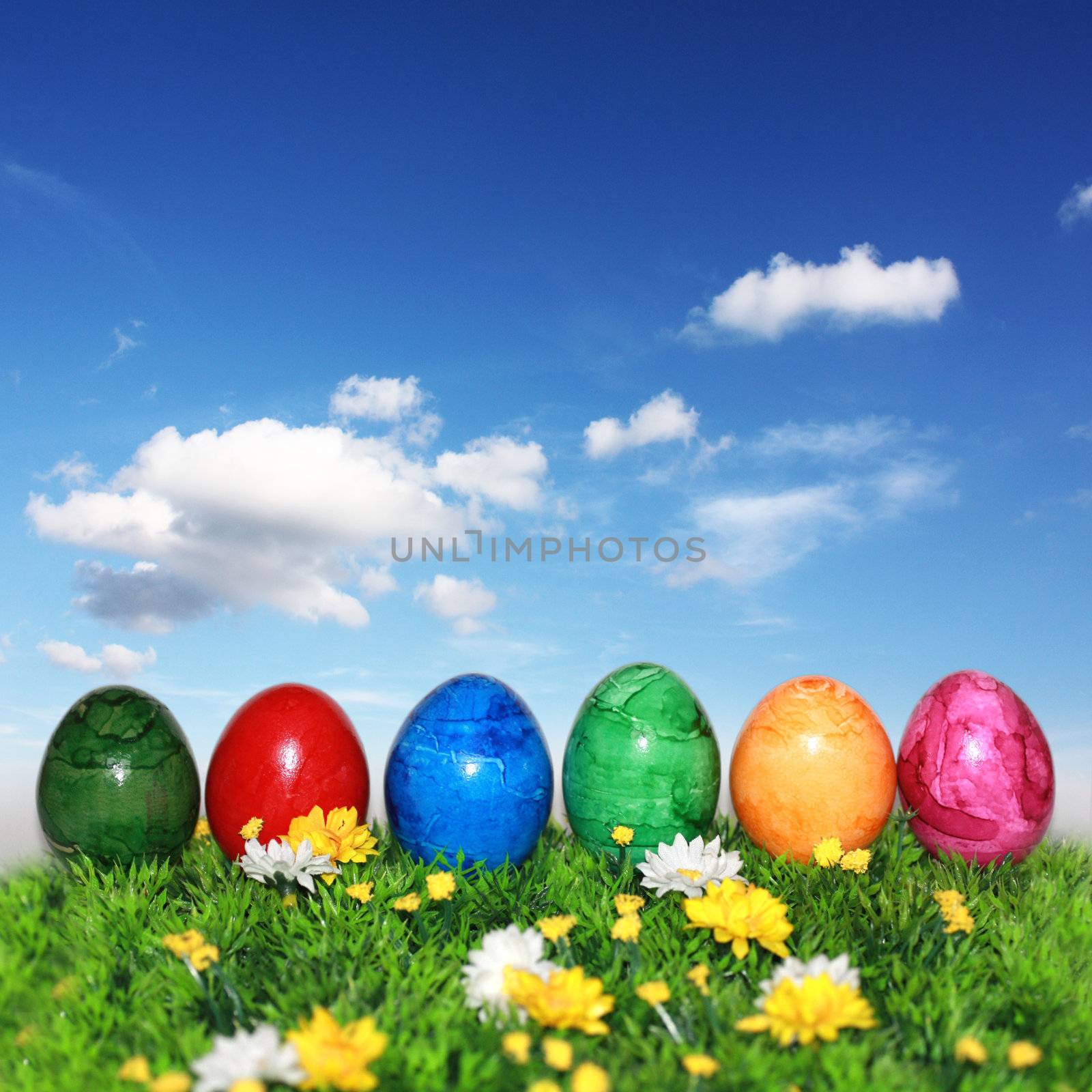 Happy Easter on a blue background by photochecker