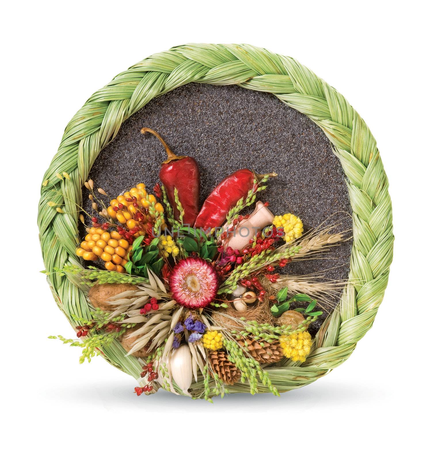 Traditional ukrainian souvenir that made of dried materials and plants. Hand-made. Isolated on white.
