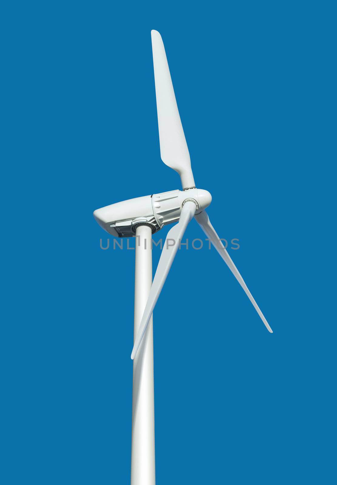 wind turbine generating electricity on blue background with path