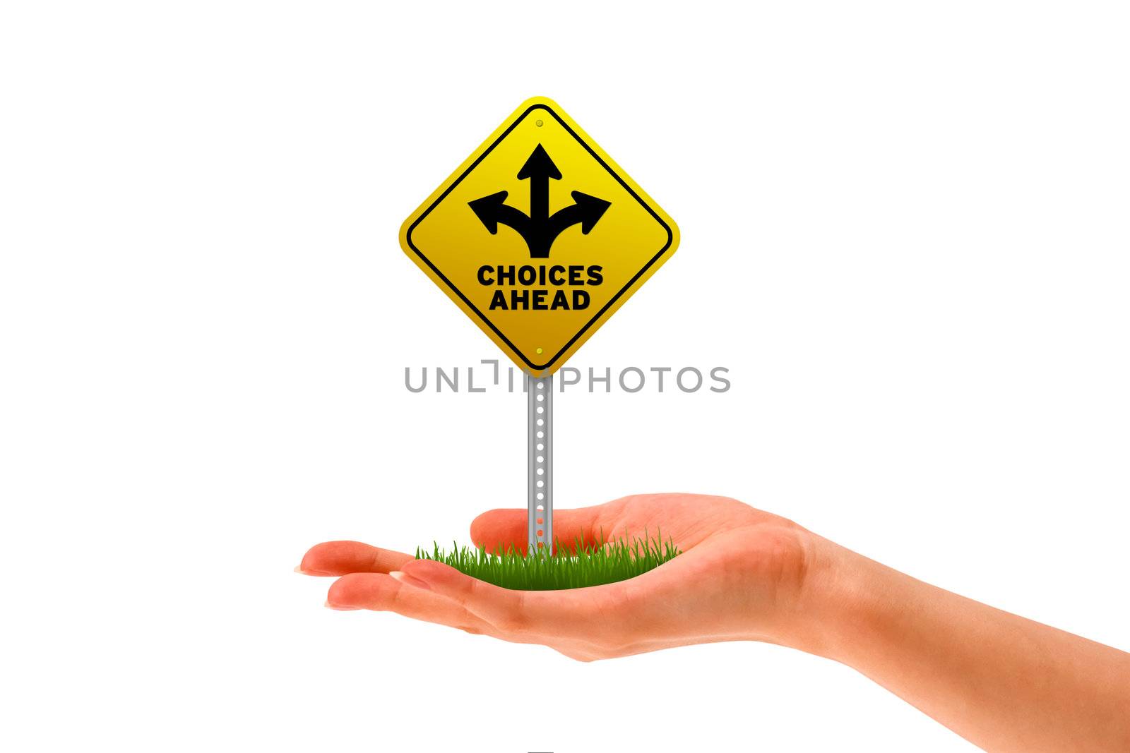 Hand holding a Choices Ahead street sign. 