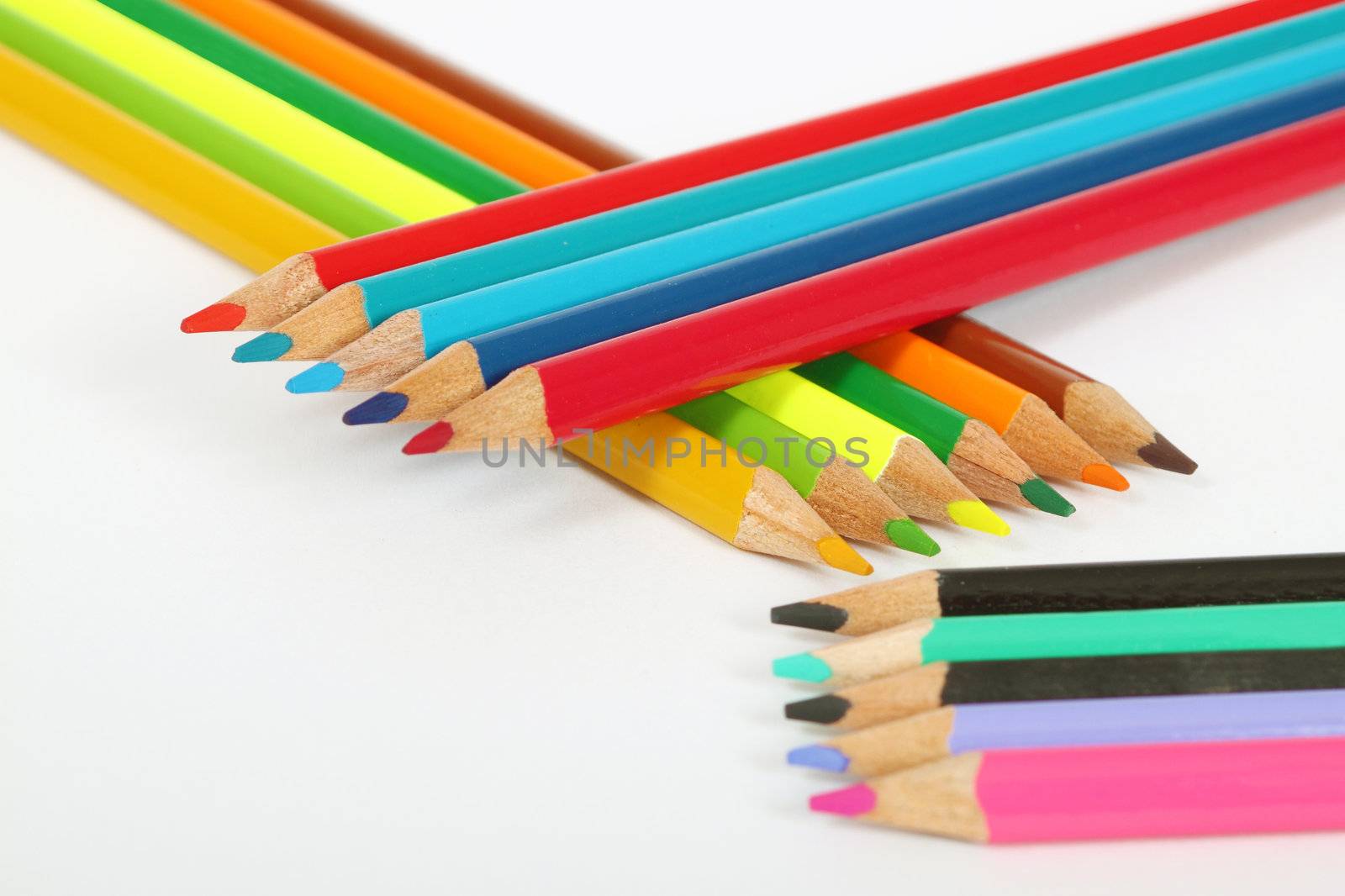 aranged wooden color pens on white background