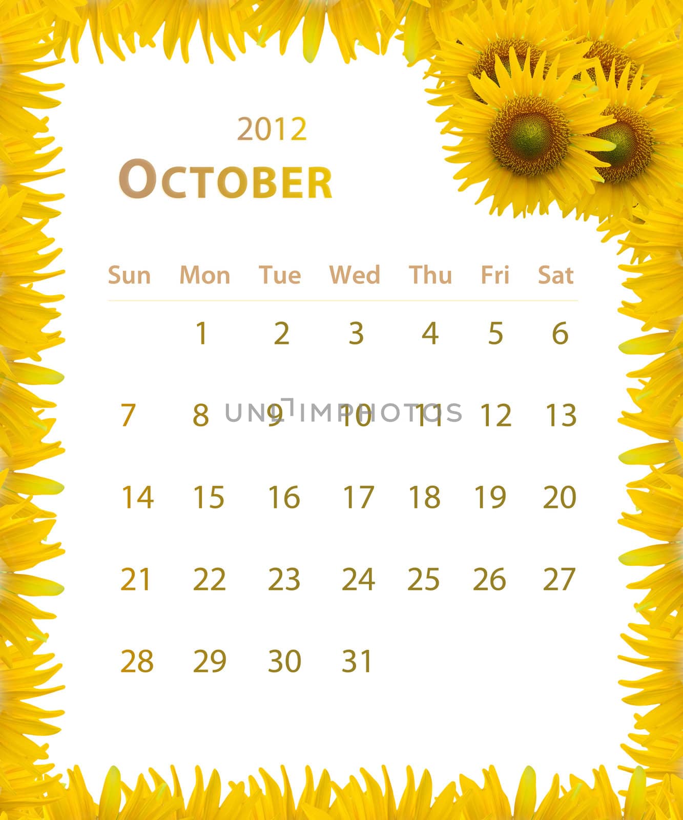 2012 year calendar ,October with Sunflower frame design