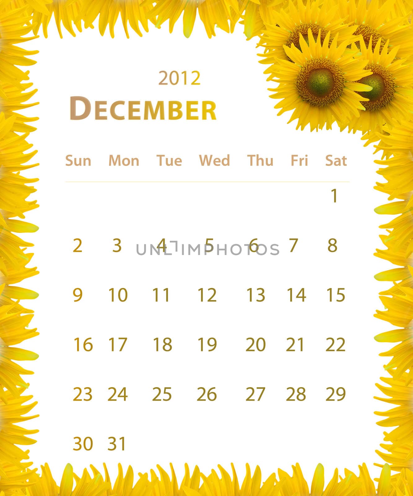 2012 year calendar ,December with Sunflower frame design