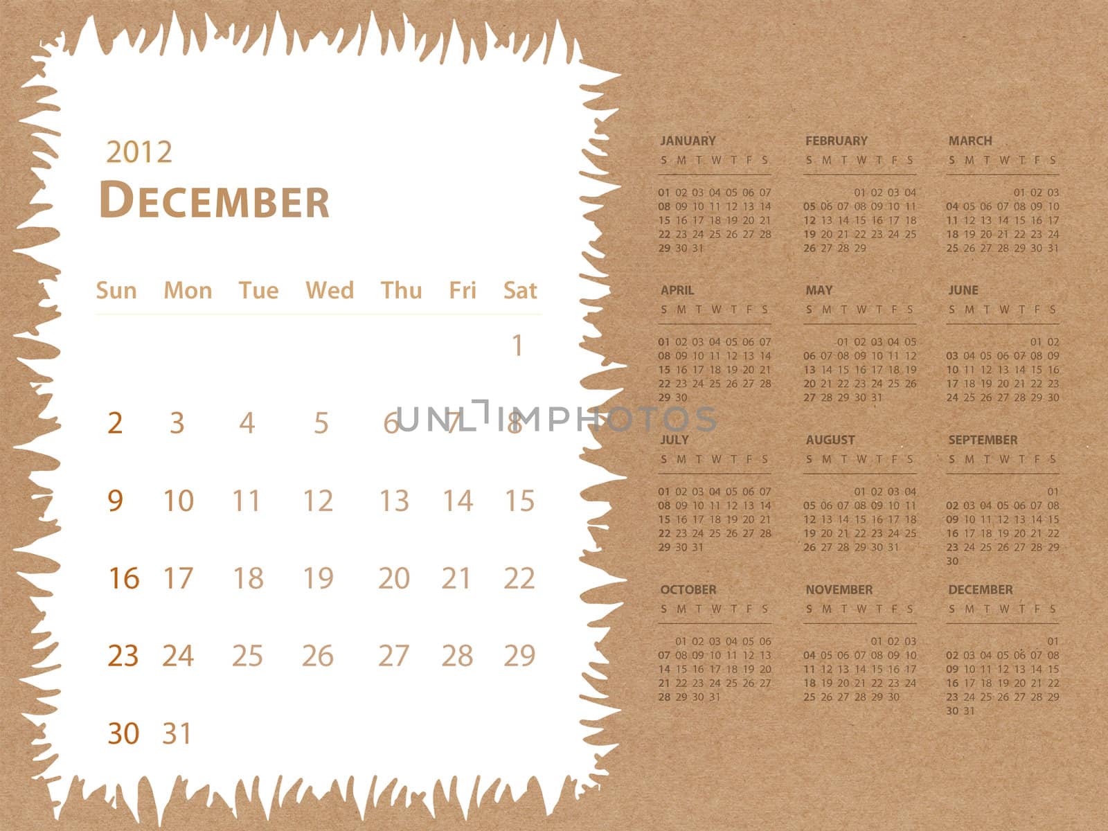 December of 2012 calendar with recycle paper background by jakgree