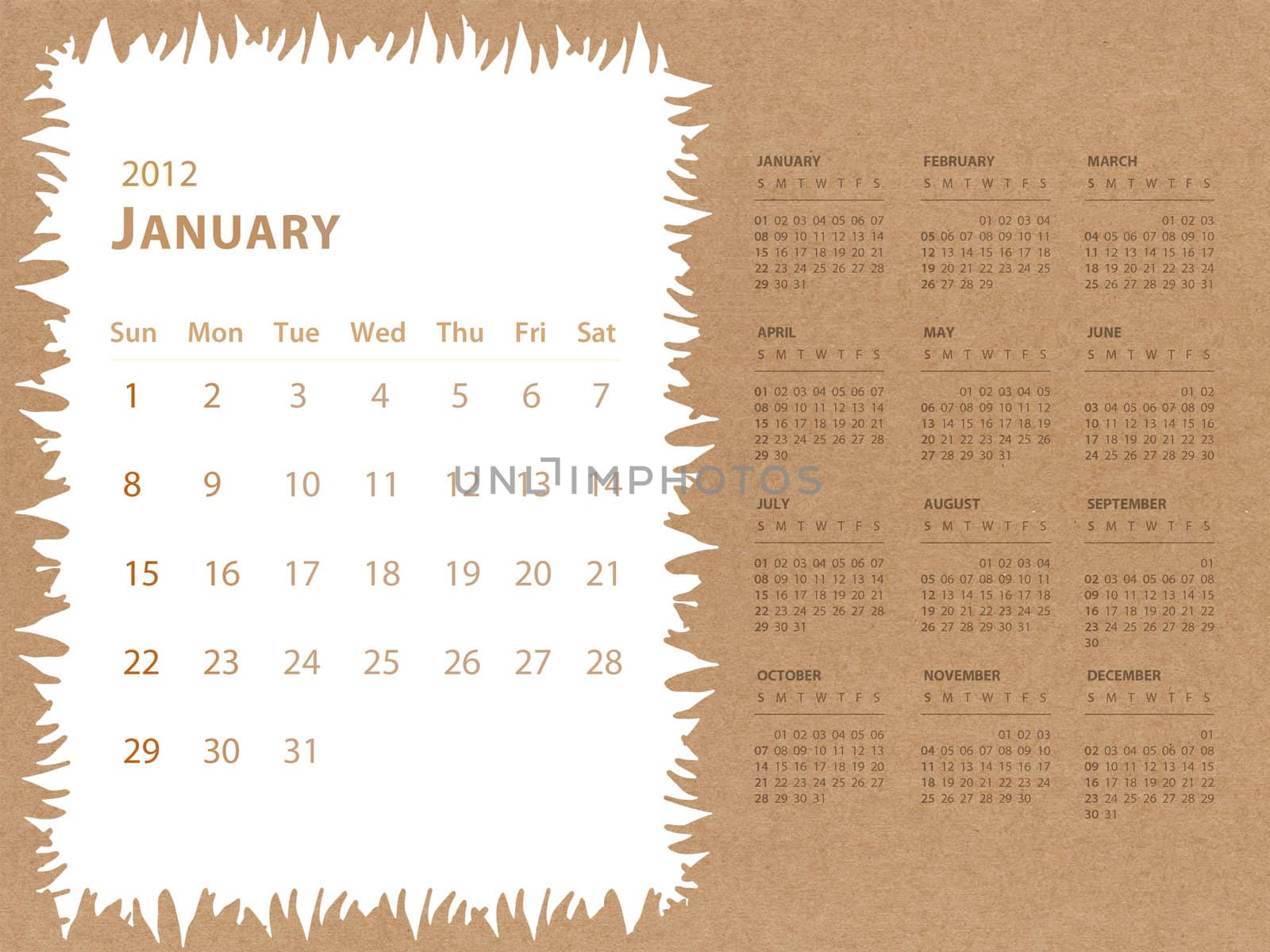 January of 2012 calendar with recycle paper background by jakgree