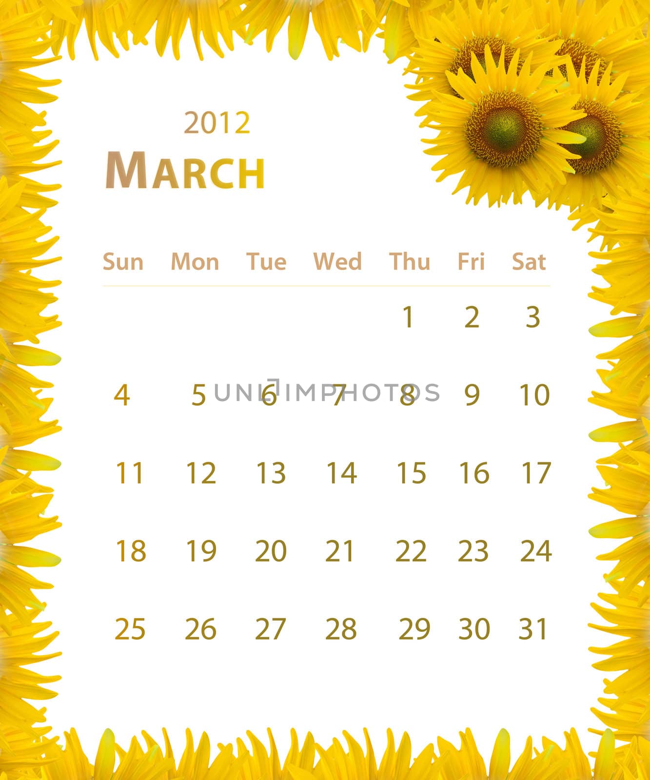 2012 year calendar ,March with Sunflower frame design by jakgree