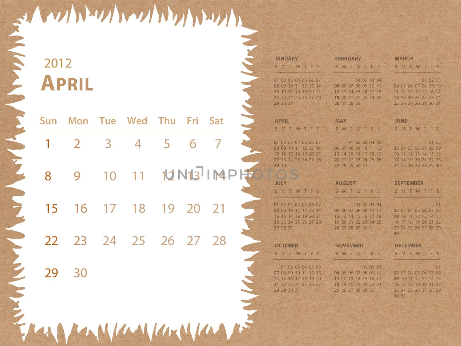 April of 2012 calendar with recycle paper background