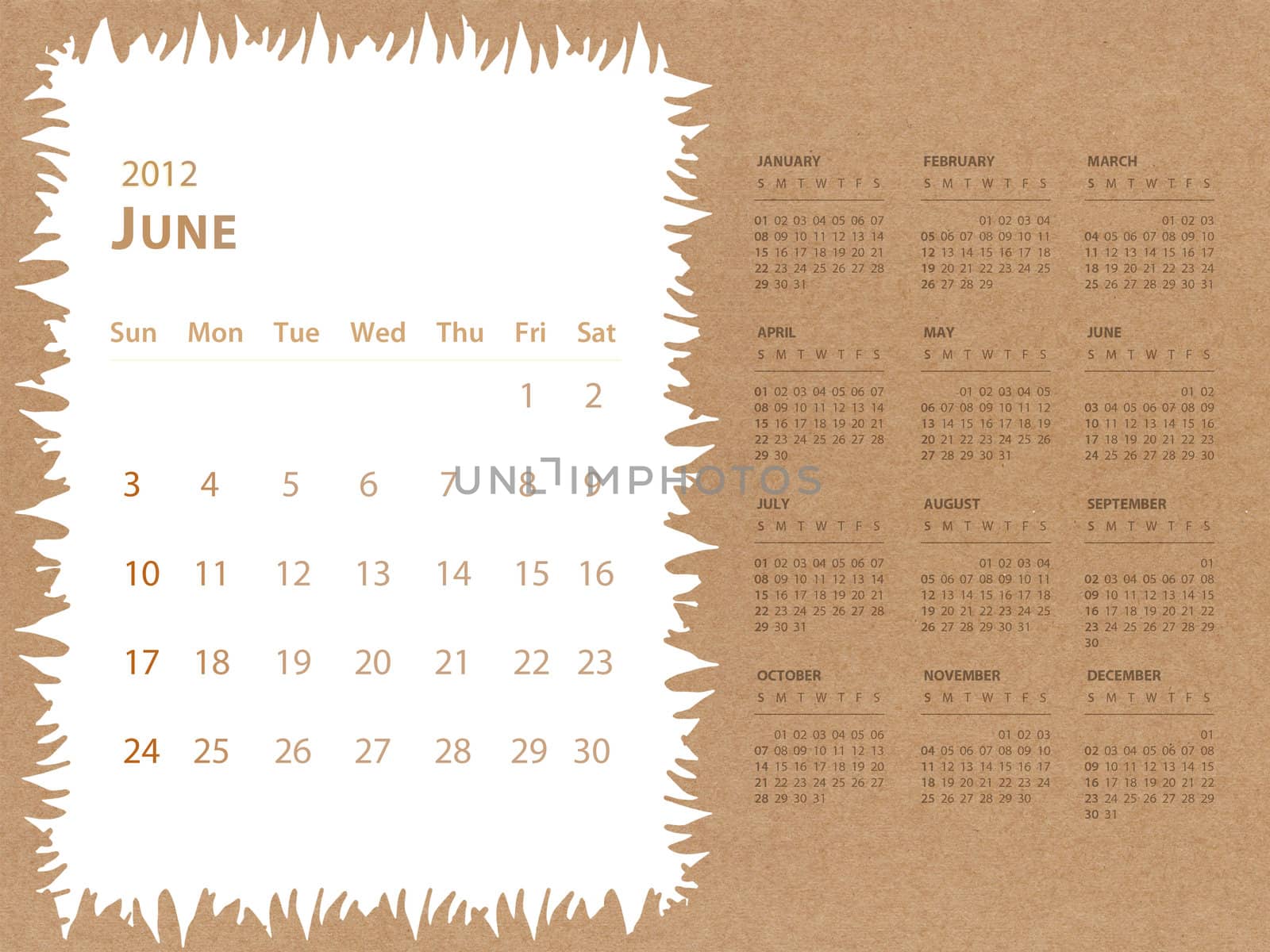 June of 2012 calendar with recycle paper background