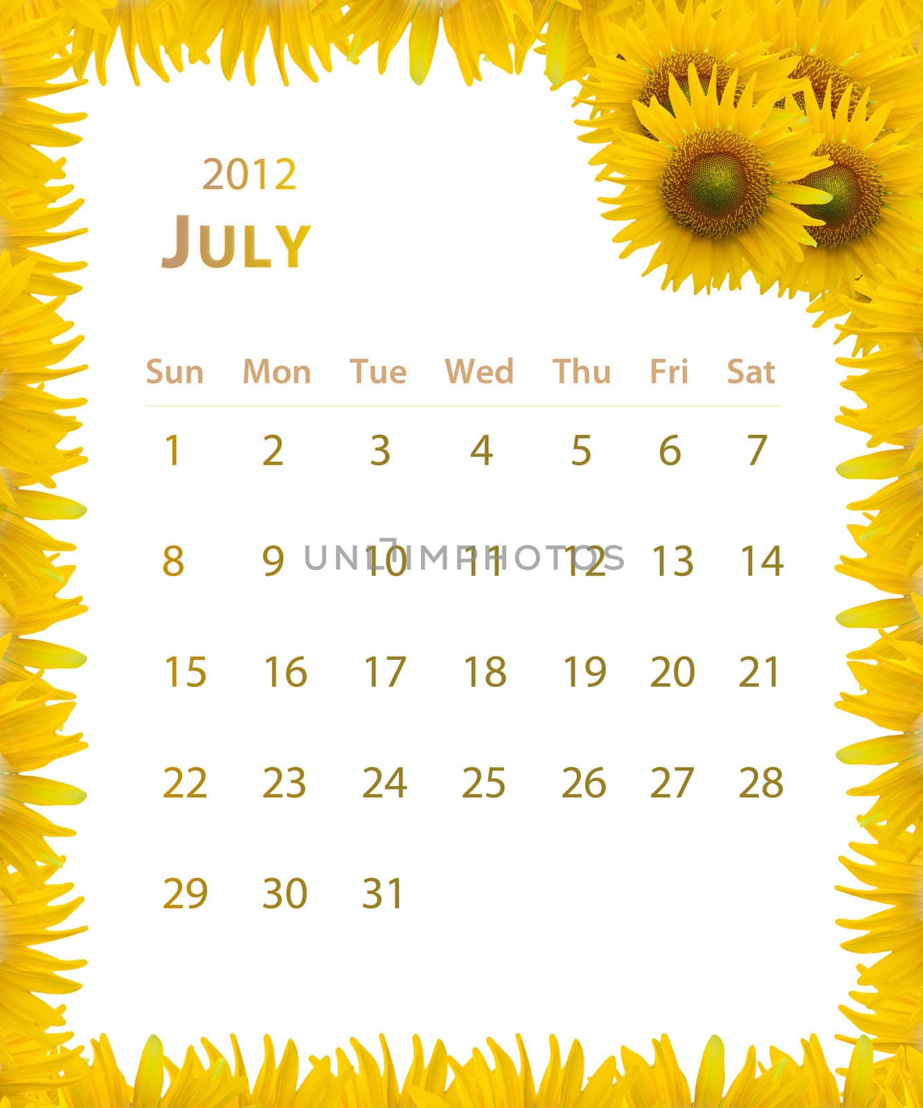 2012 year calendar ,July with Sunflower frame design