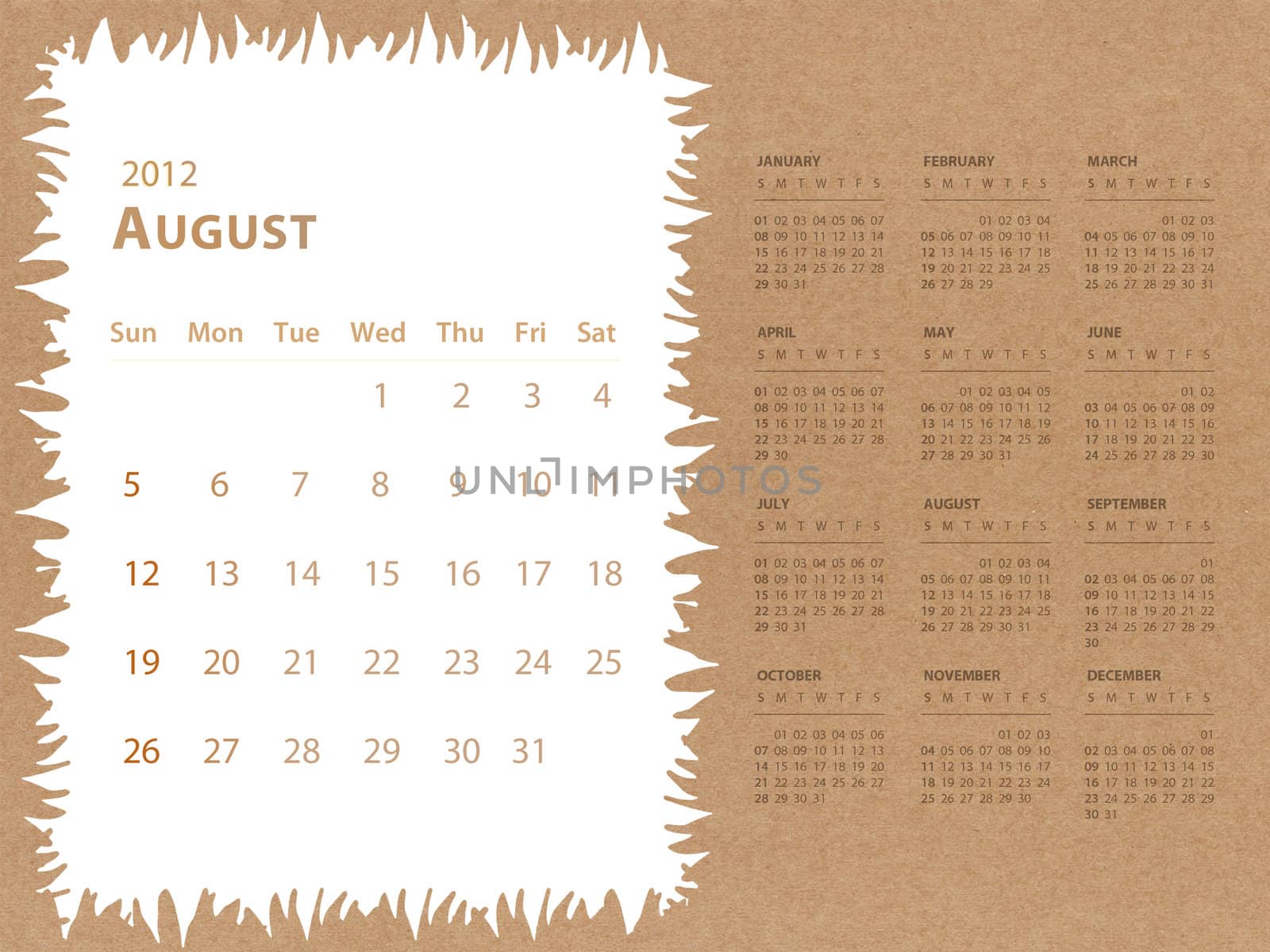 August of 2012 calendar with recycle paper background