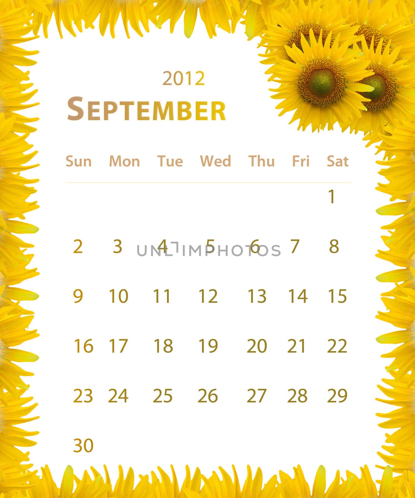 2012 year calendar ,September with Sunflower frame design by jakgree