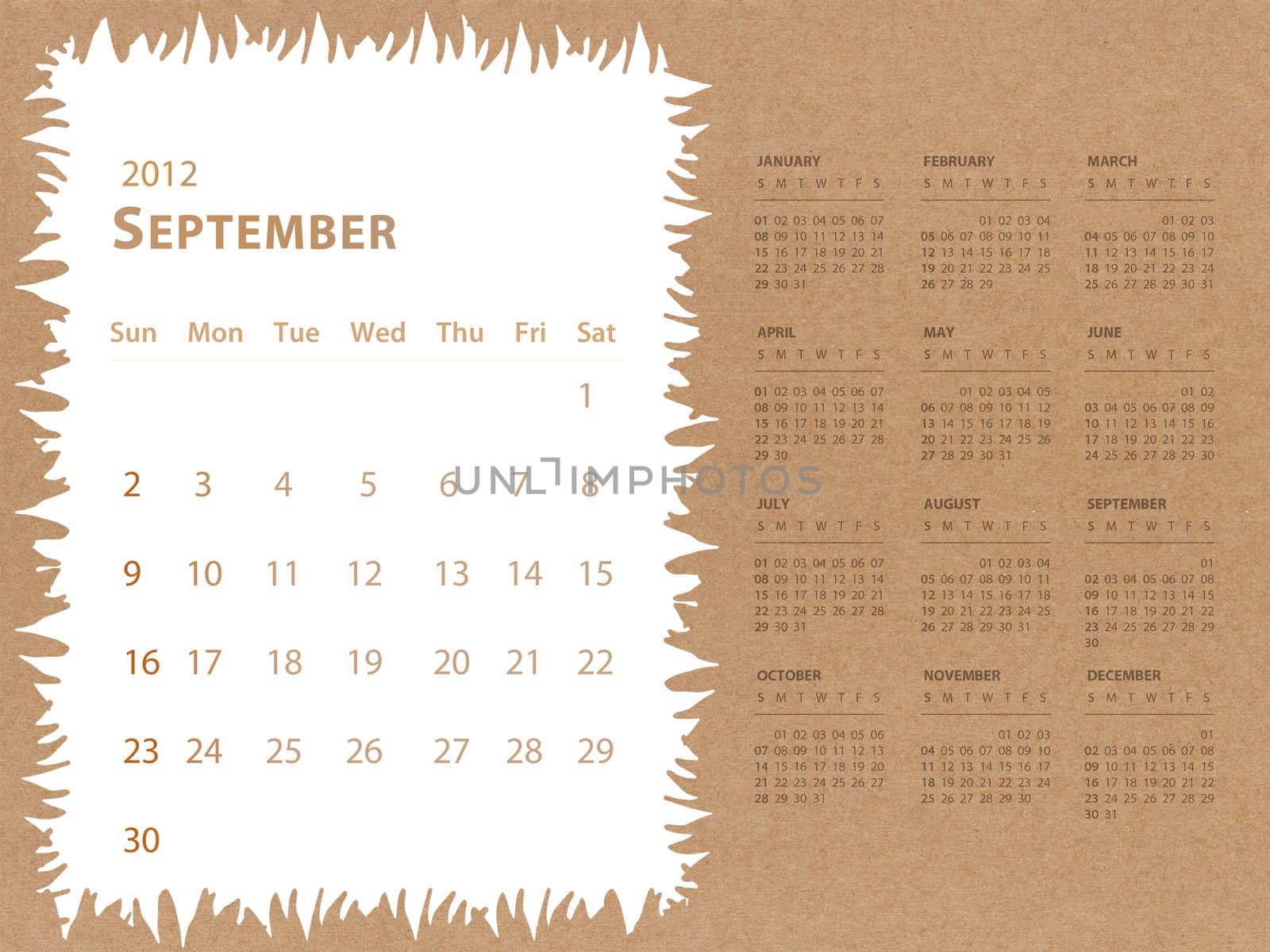 September of 2012 calendar with recycle paper background by jakgree