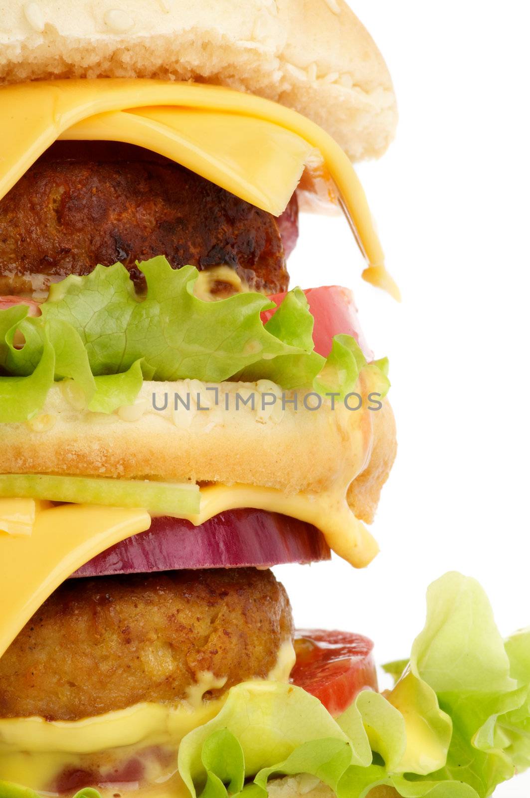 Big  Double Cheeseburger with beef, tomato, lettuce and cheese closeup