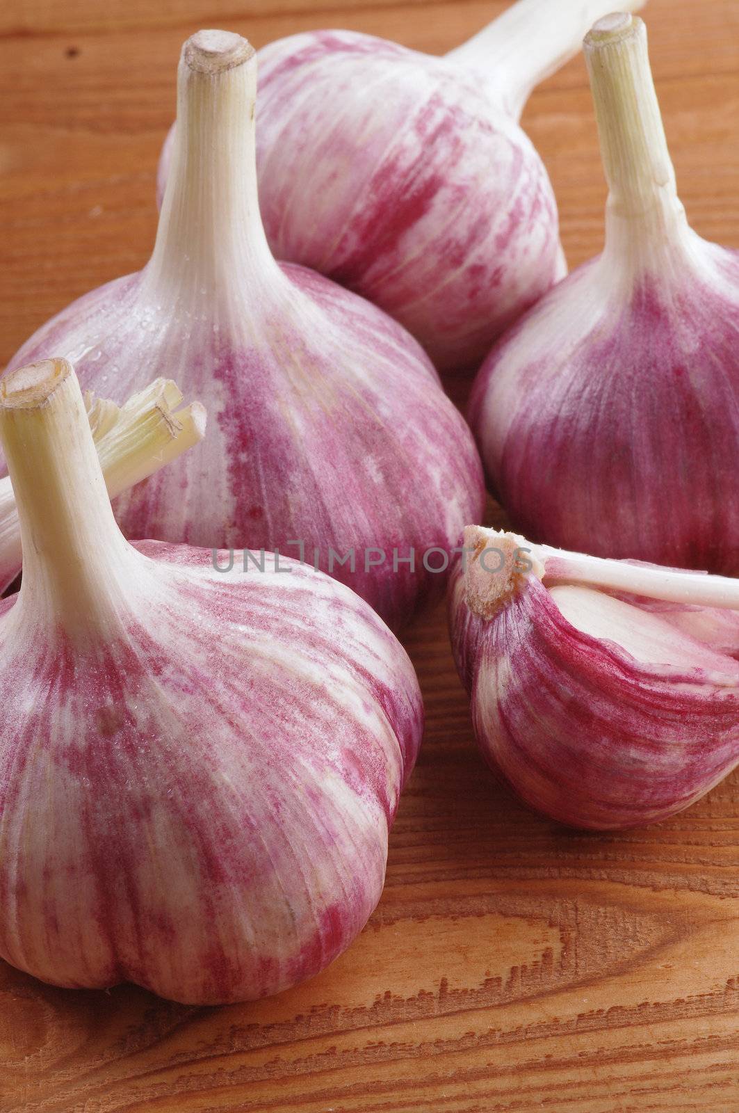Fresh Full body Garlic and Slices closeup on wooden background