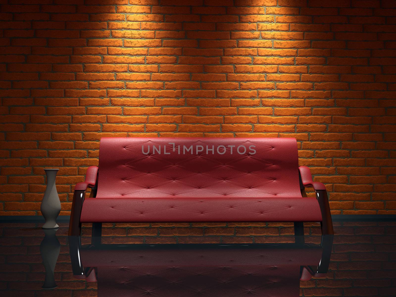 Red leather sofa near a brick wall