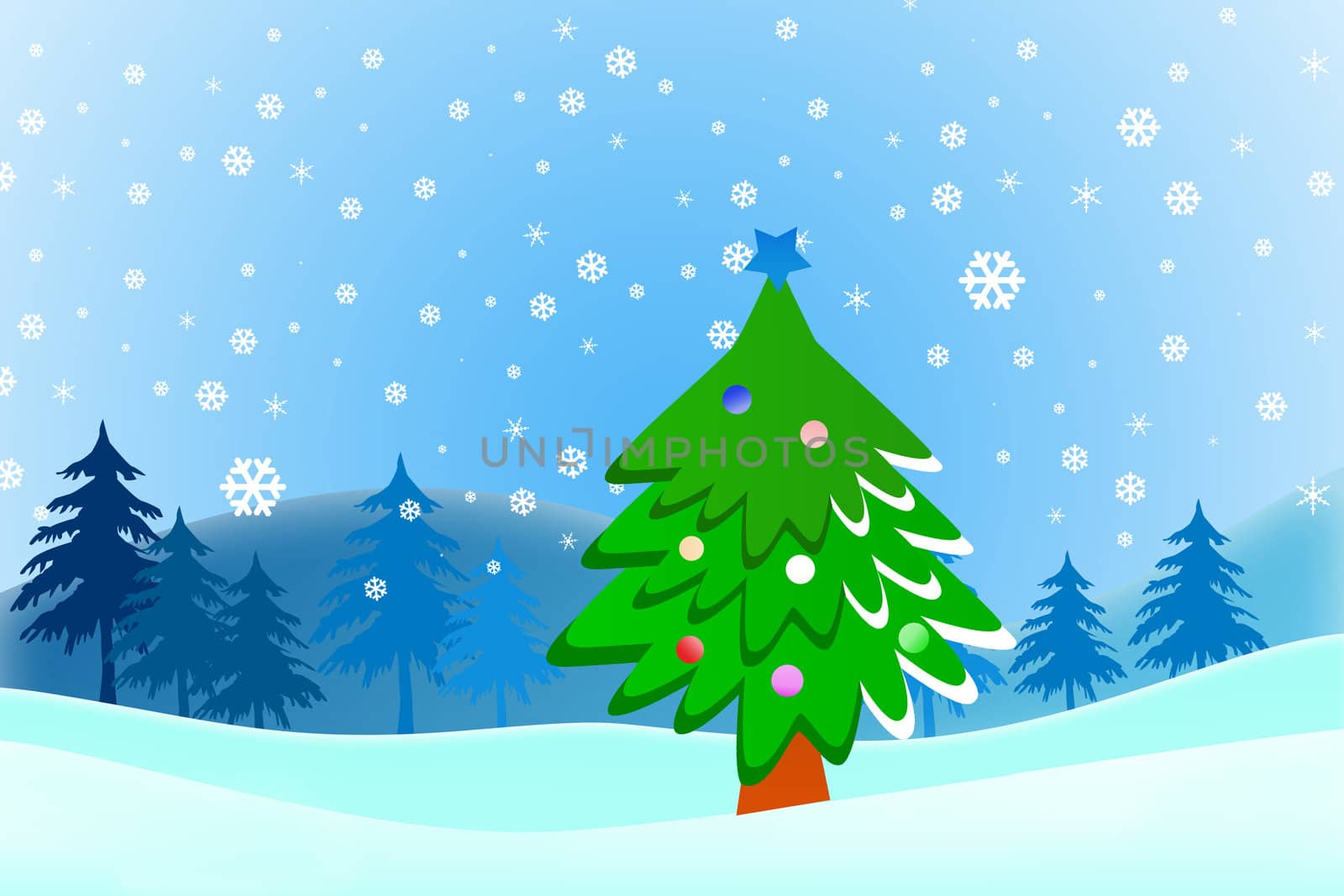 Cartoon Christmas tree on snow blue background by jakgree