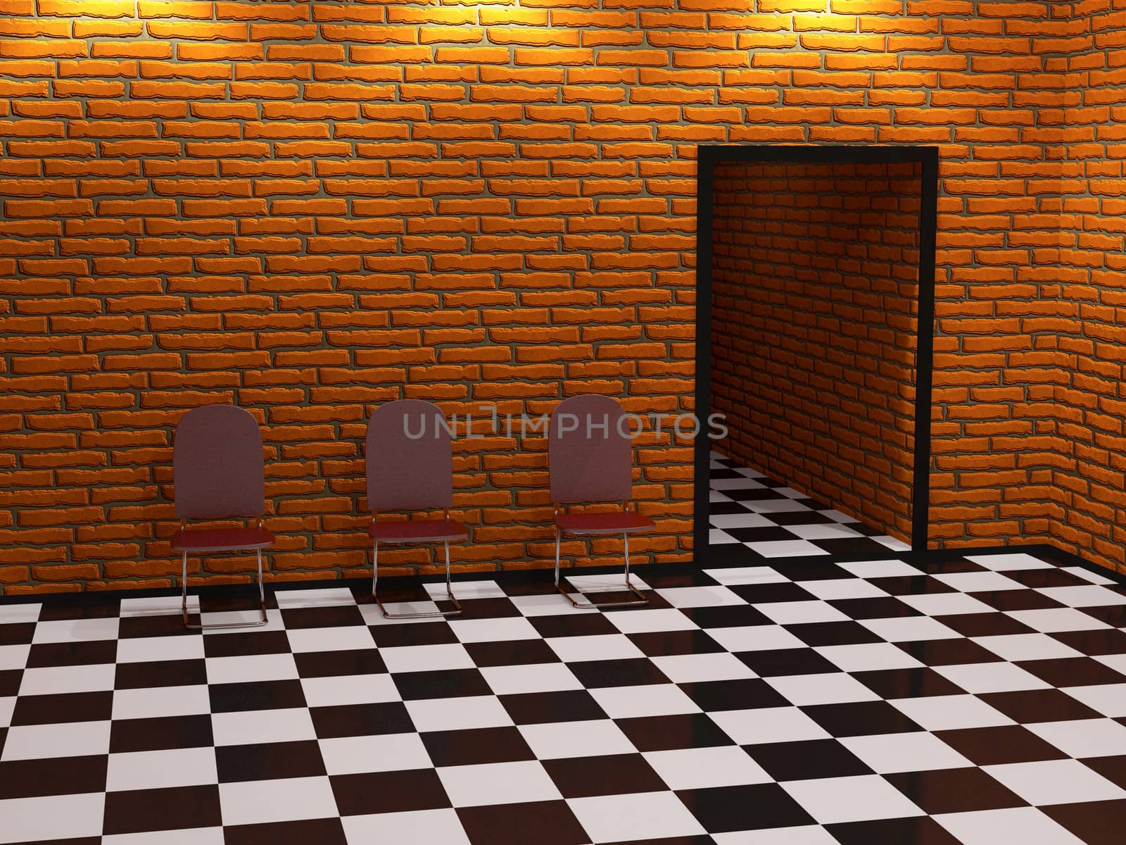 Three red chairs near a brick wall