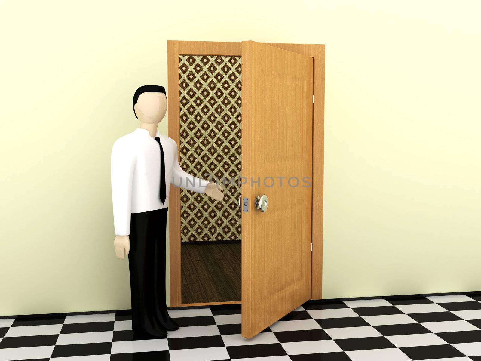 The person invites to enter into a room