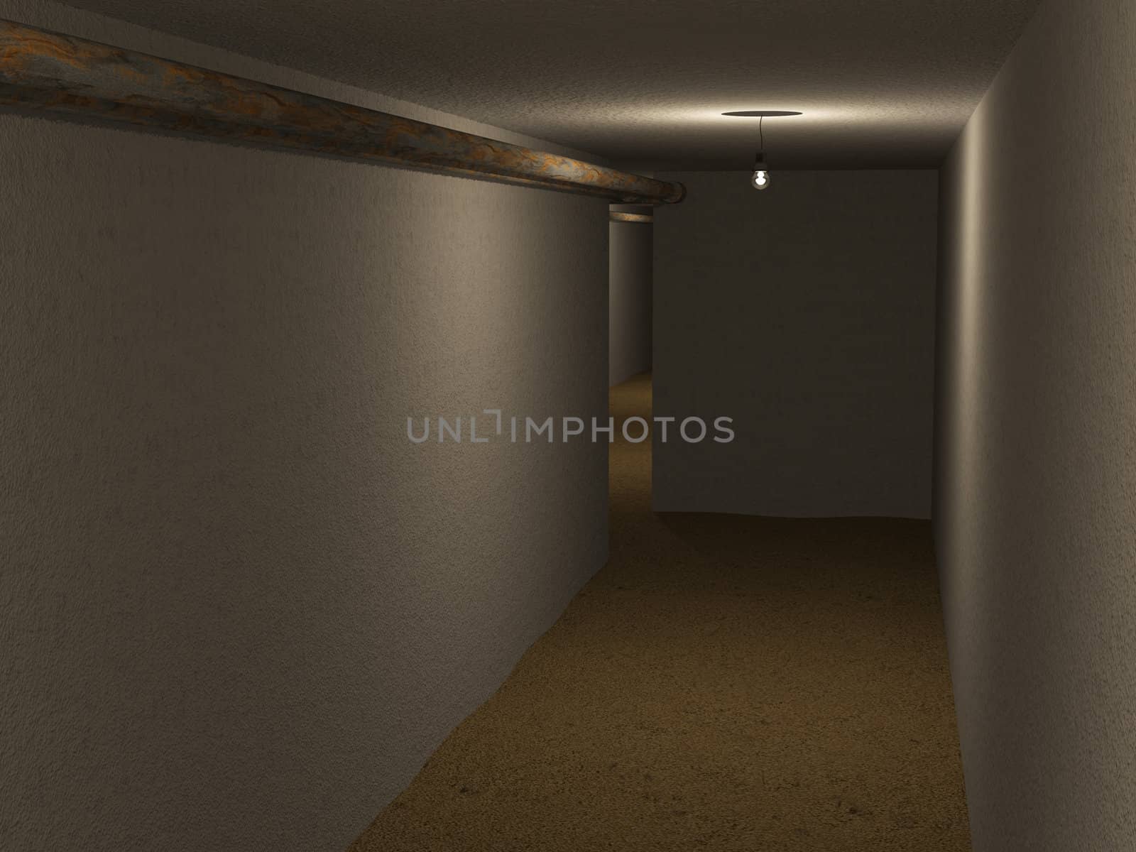 Long gloomy old cellar with rusty pipes