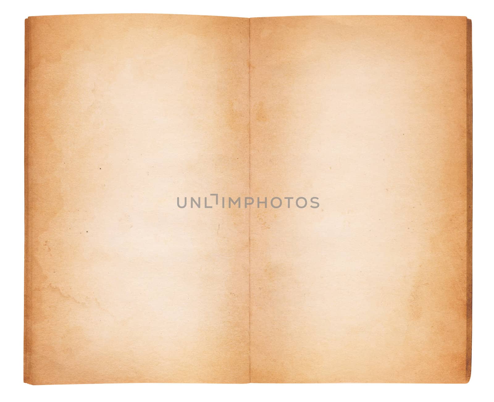 A vintage viewed from above and opened to reveal blank, yellowing and water-stained pages. Isolated on white. Includes clipping path.