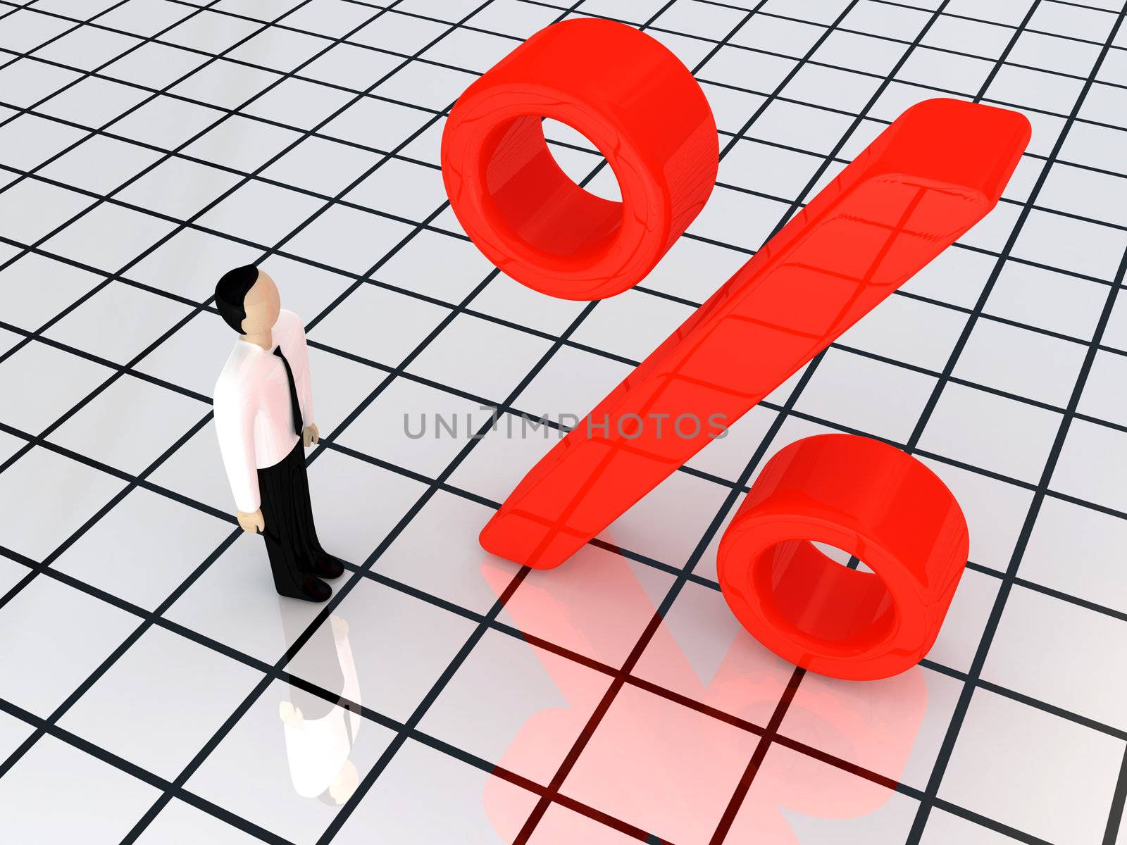 Red sign of percent on a glass floor