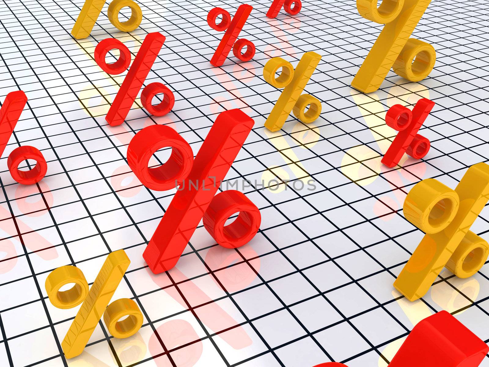 Colored signs of percent on a glass floor