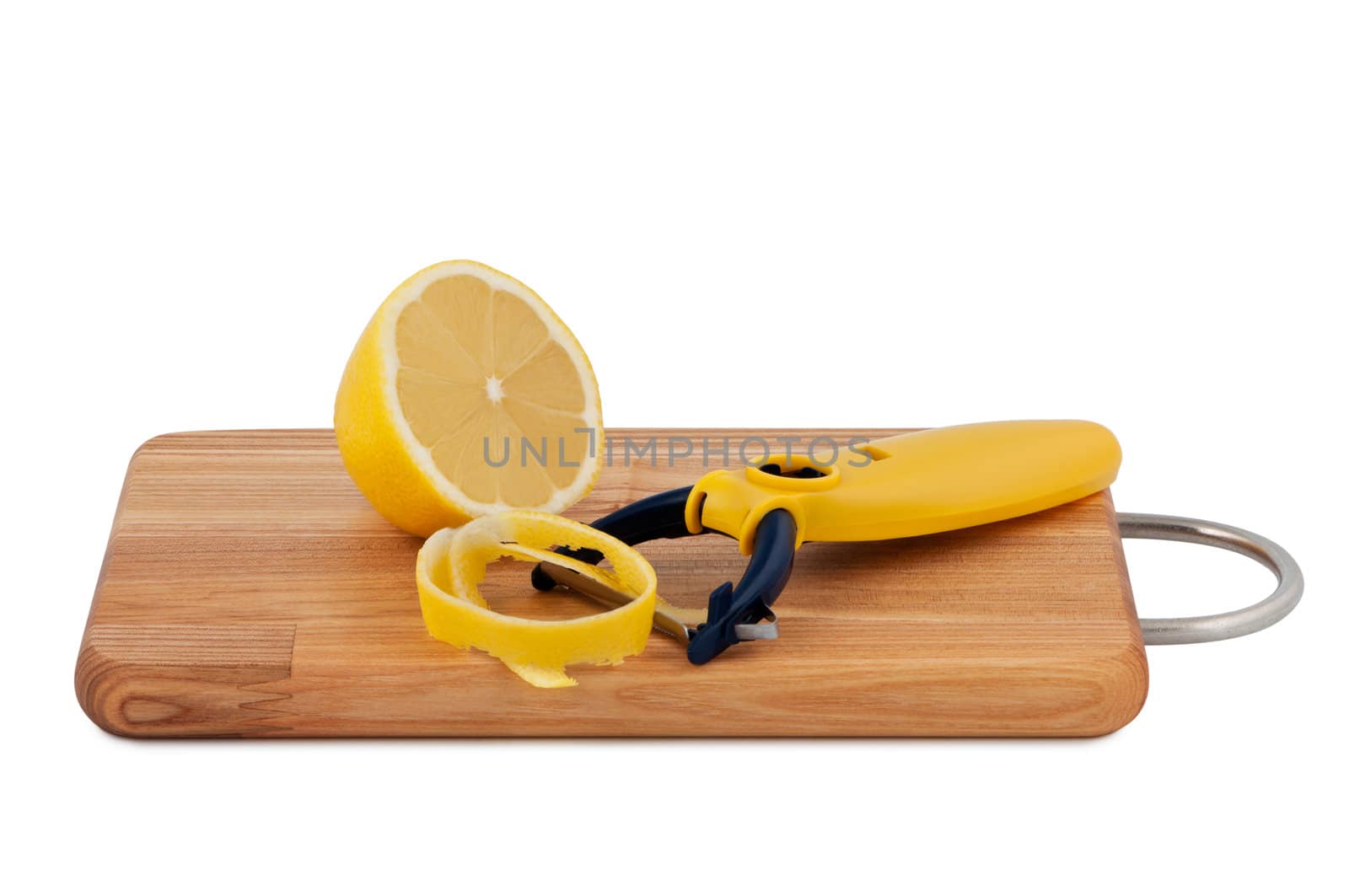 Lemon peel and cut with knife for cleaning fruits isolated on white background.
