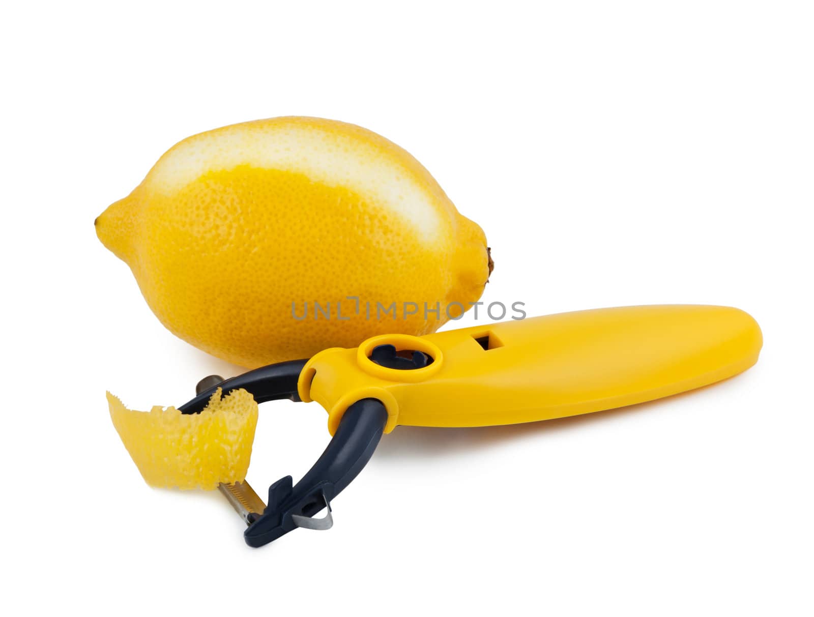 Lemon and knife to clean fruit on white background.