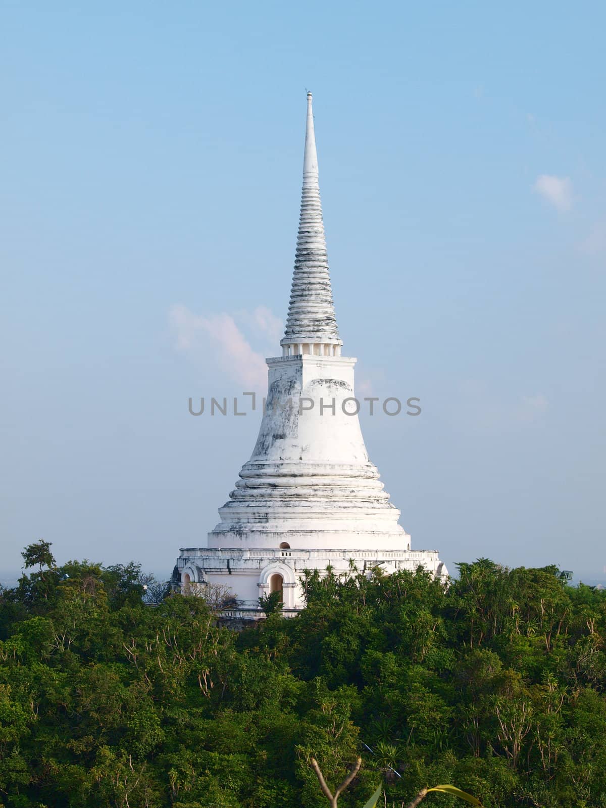 View of White pagoda on top of hill Maha Samanaram temple in Pet by jakgree