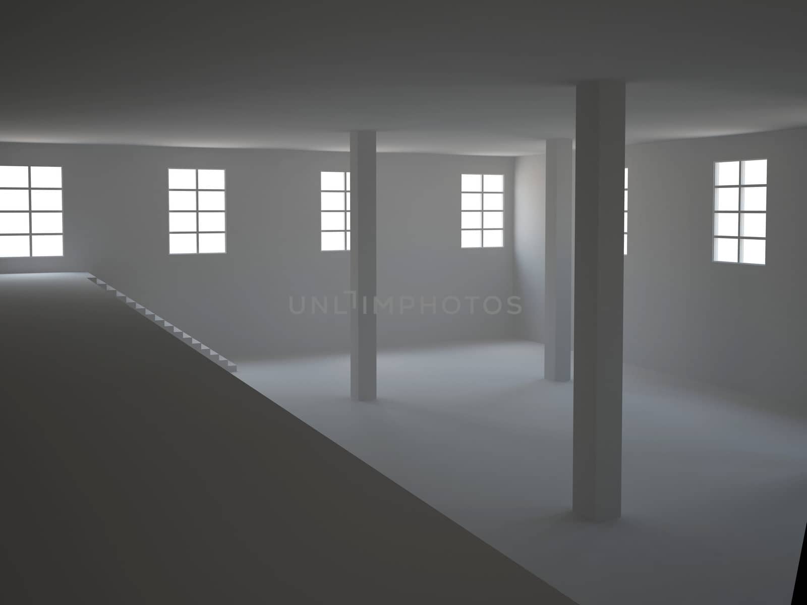 The big gray hall with columns and windows