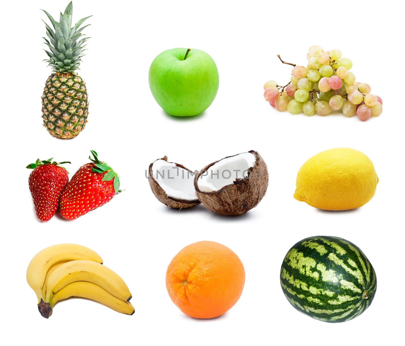 A set of different fruits isolated on white background