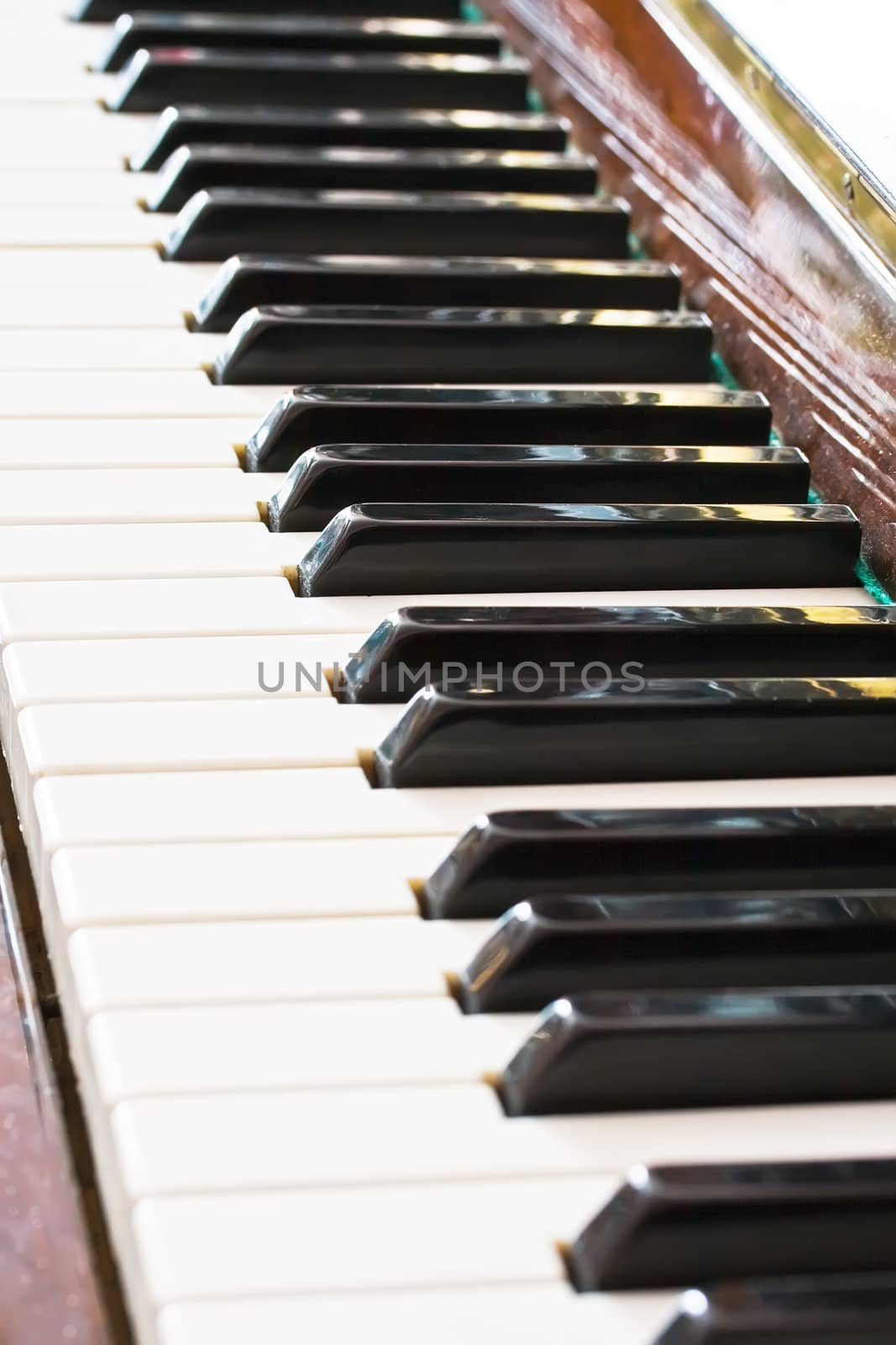 Closeup perspective view of a piano keyboard