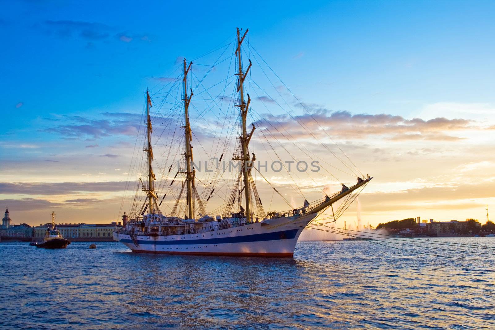 A sailing ship anchored in Neva river, Saint Petersburg. 