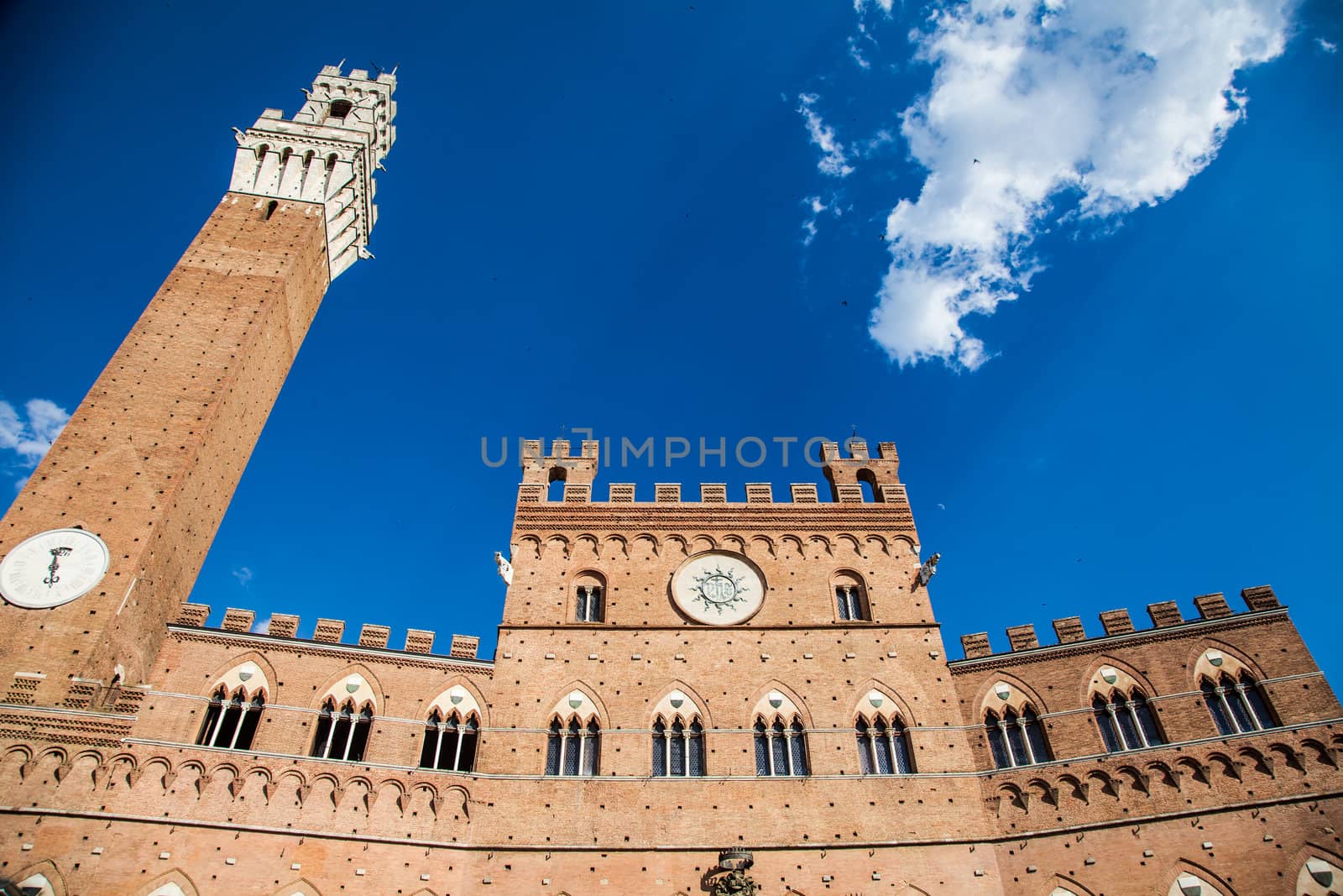 Italy, Siena, Piazza del Campo. Detail of Torre del Mangia, 700 years old