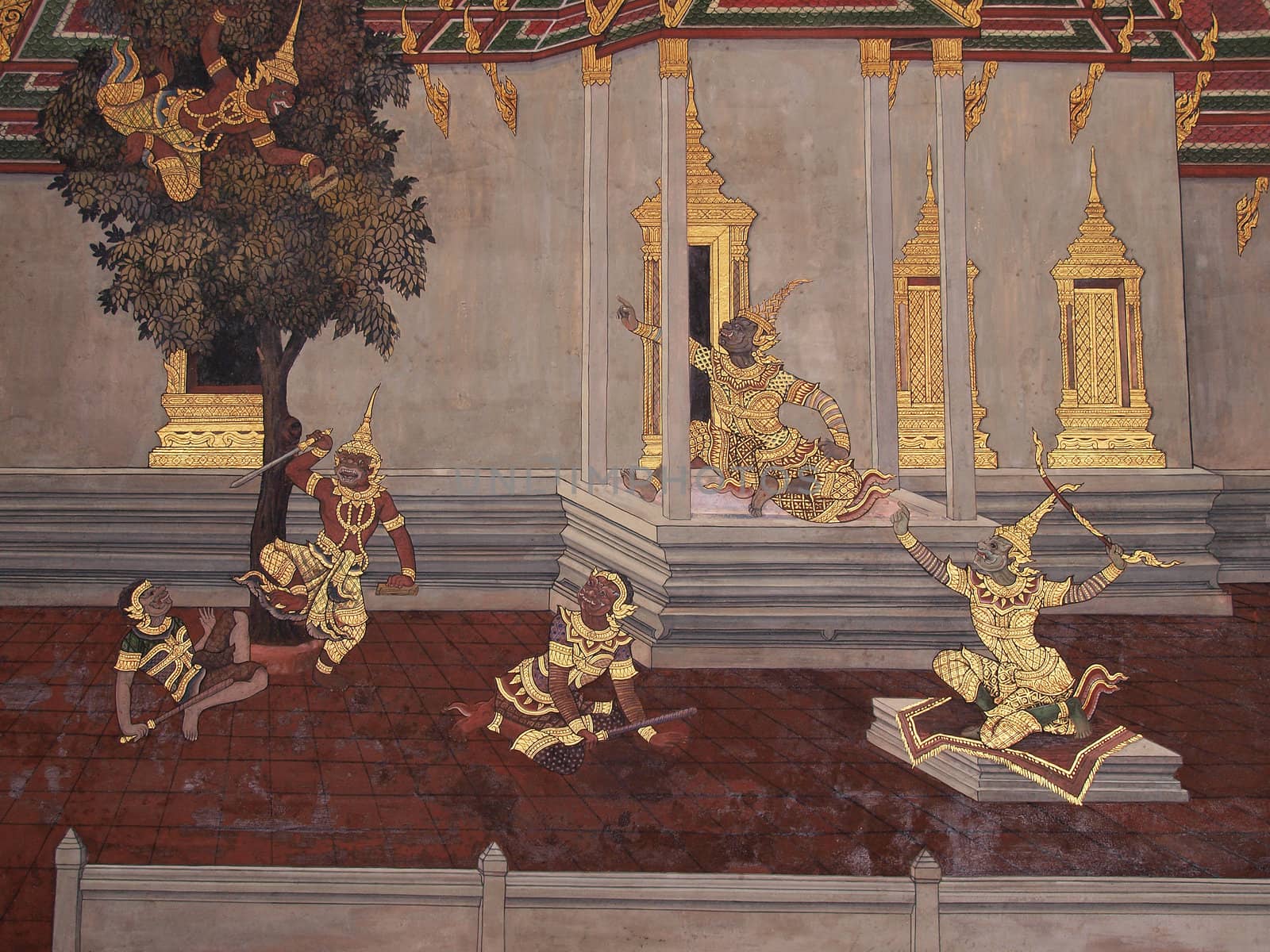 Wall art painting in temple Thailand. painting about Ramayana epic story.