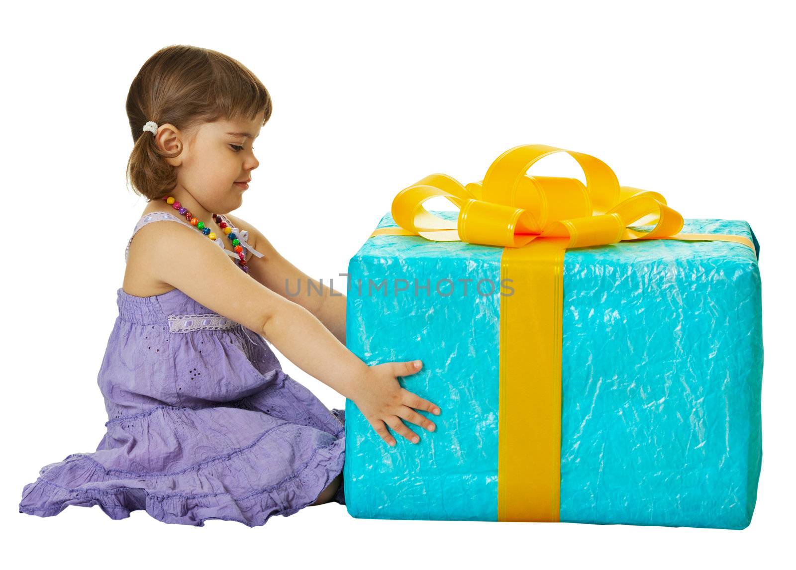 Girl with a big gift box on white background by pzaxe