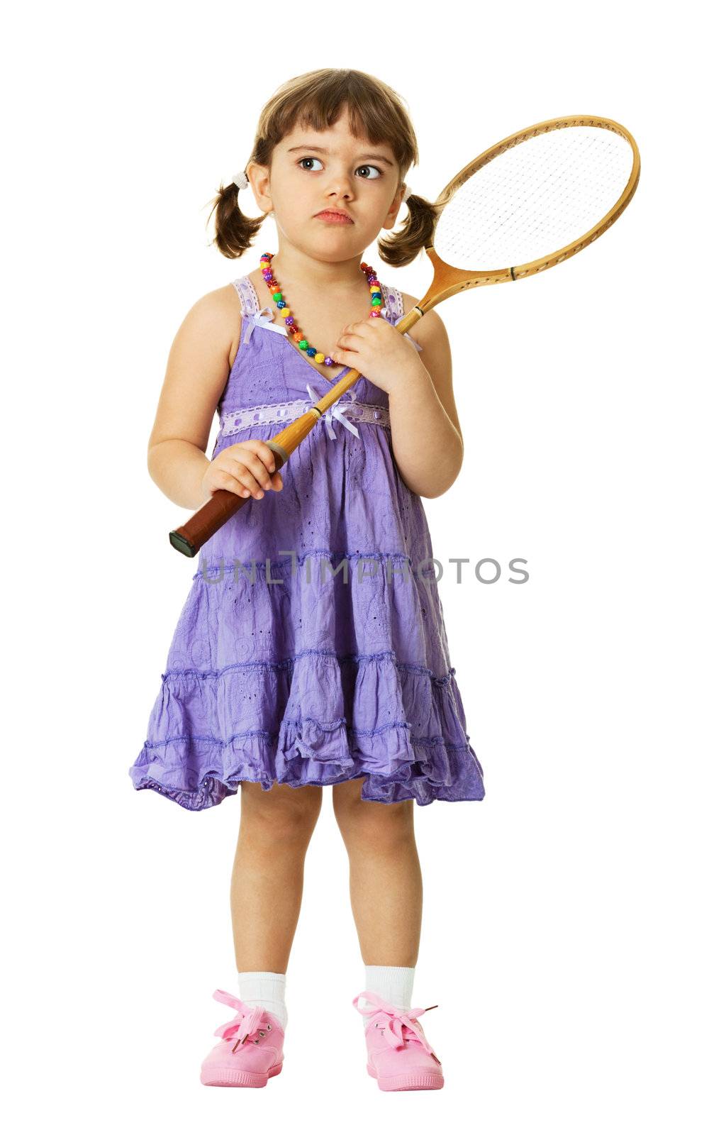 Little girl with a badminton racket isolated on white background