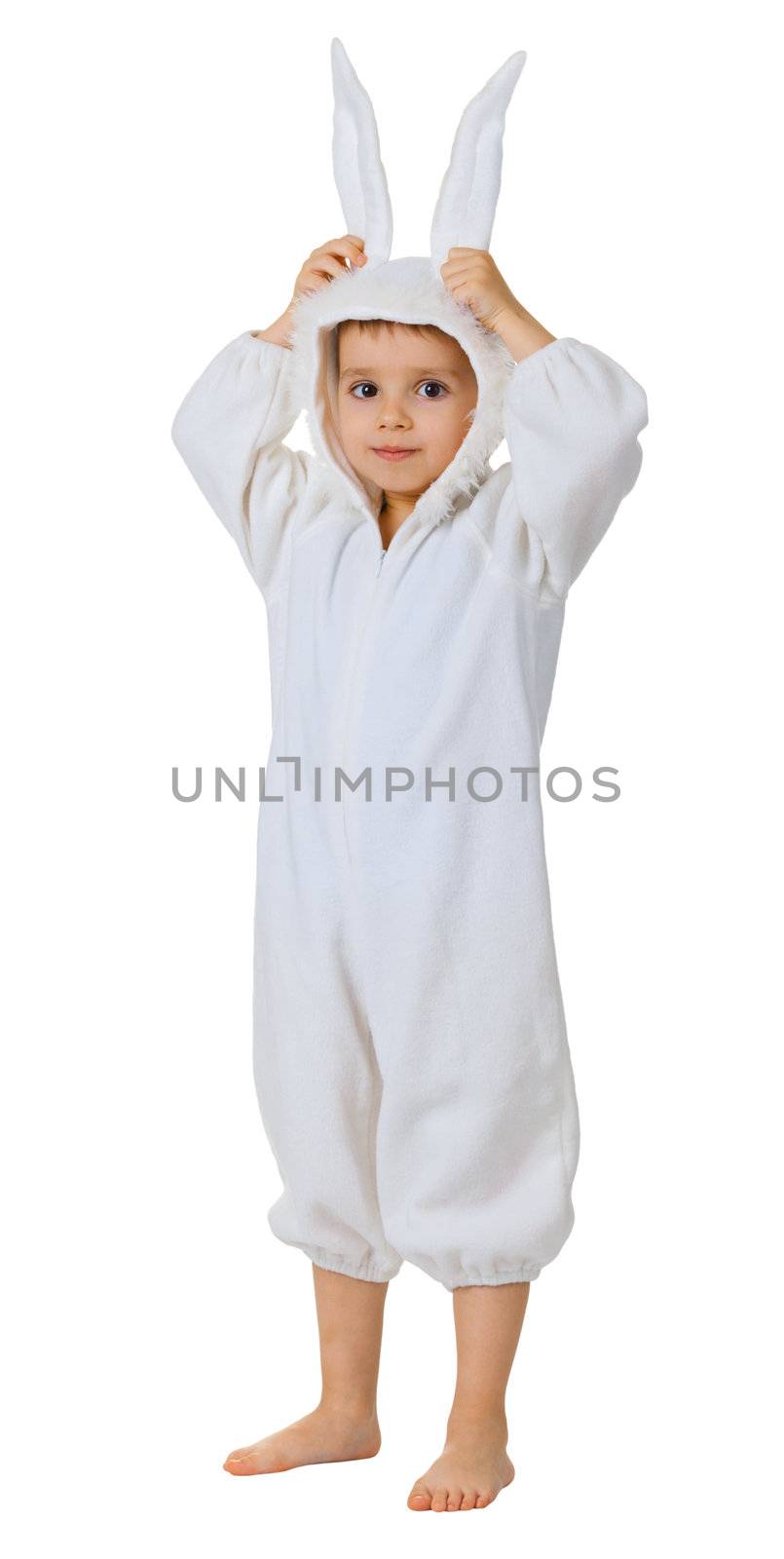 Boy dressed as a rabbit standing by pzaxe