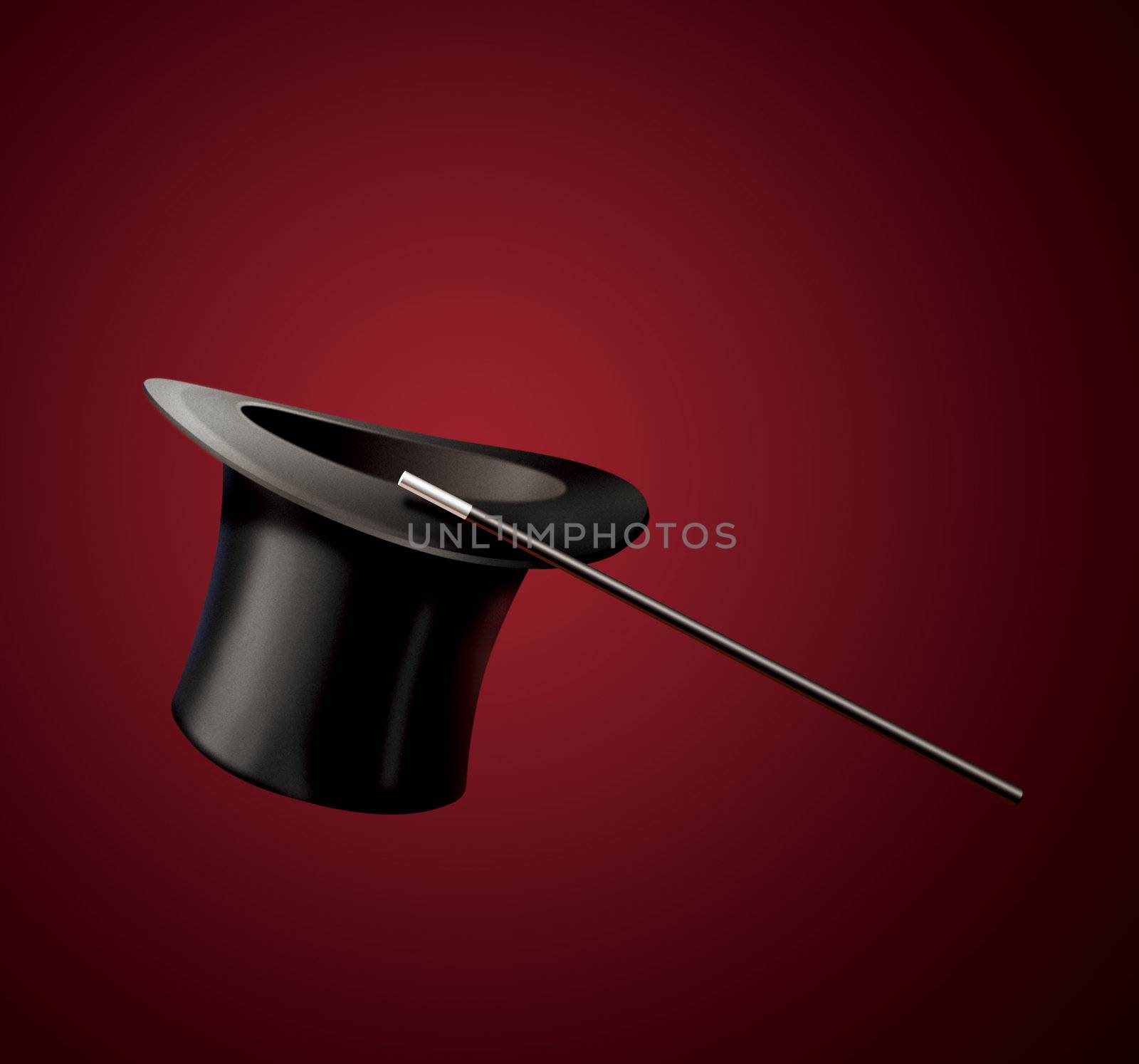 magic black hat and magic wand isolated on red background