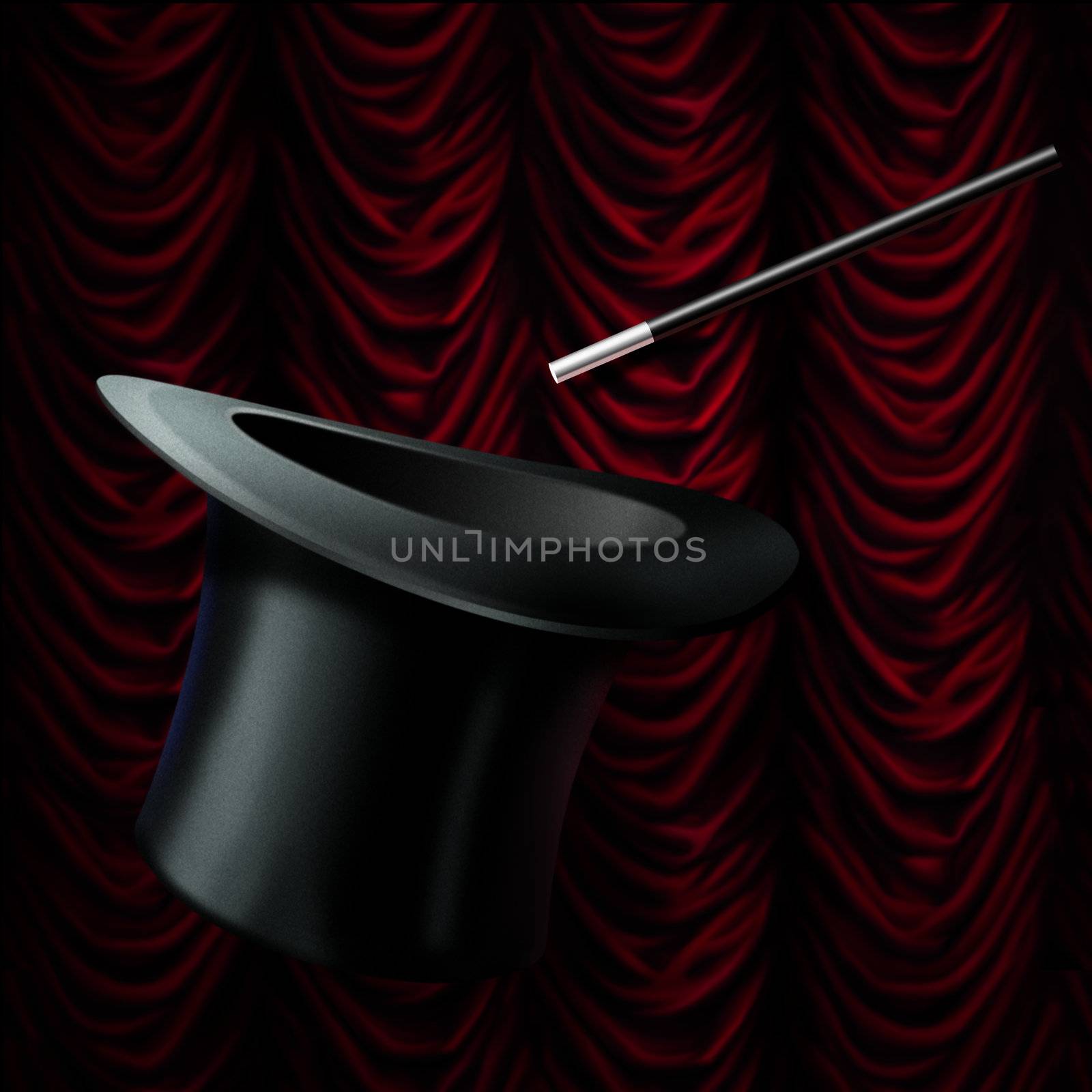 magic black hat and magic wand isolated on red stage curtain by feiillustration