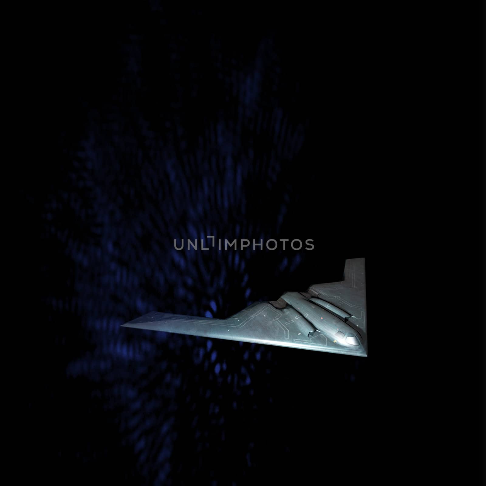 Unpiloted battle plane in fantasy scene with dark blue background by feiillustration