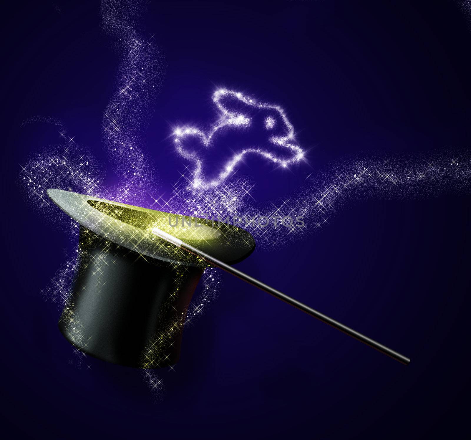light rabbit jump out from magic black hat  and magic wand isolated on purple blackground