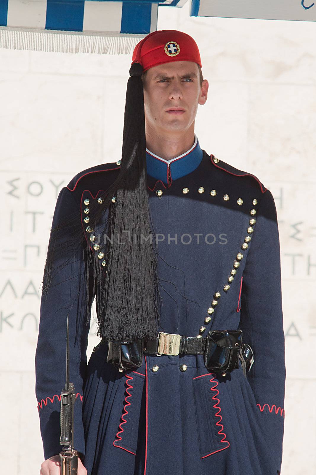 Evzones Guards near the Greek parliament where demonstrations against financial crisis are taking place everyday in Athens, Greece.