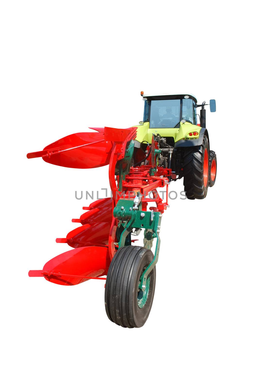 Backside of tractor with plow isolated