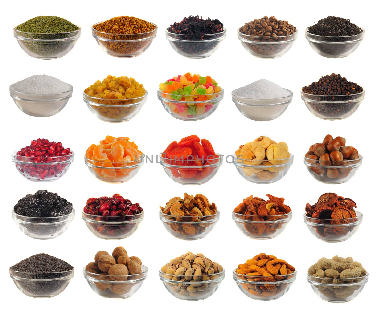 Choice dry food to utensils on a white background
