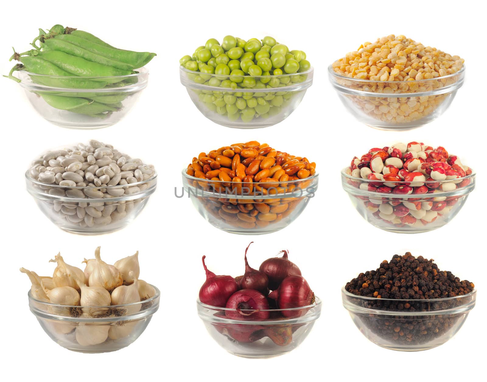 Choice dry food to utensils on a white background