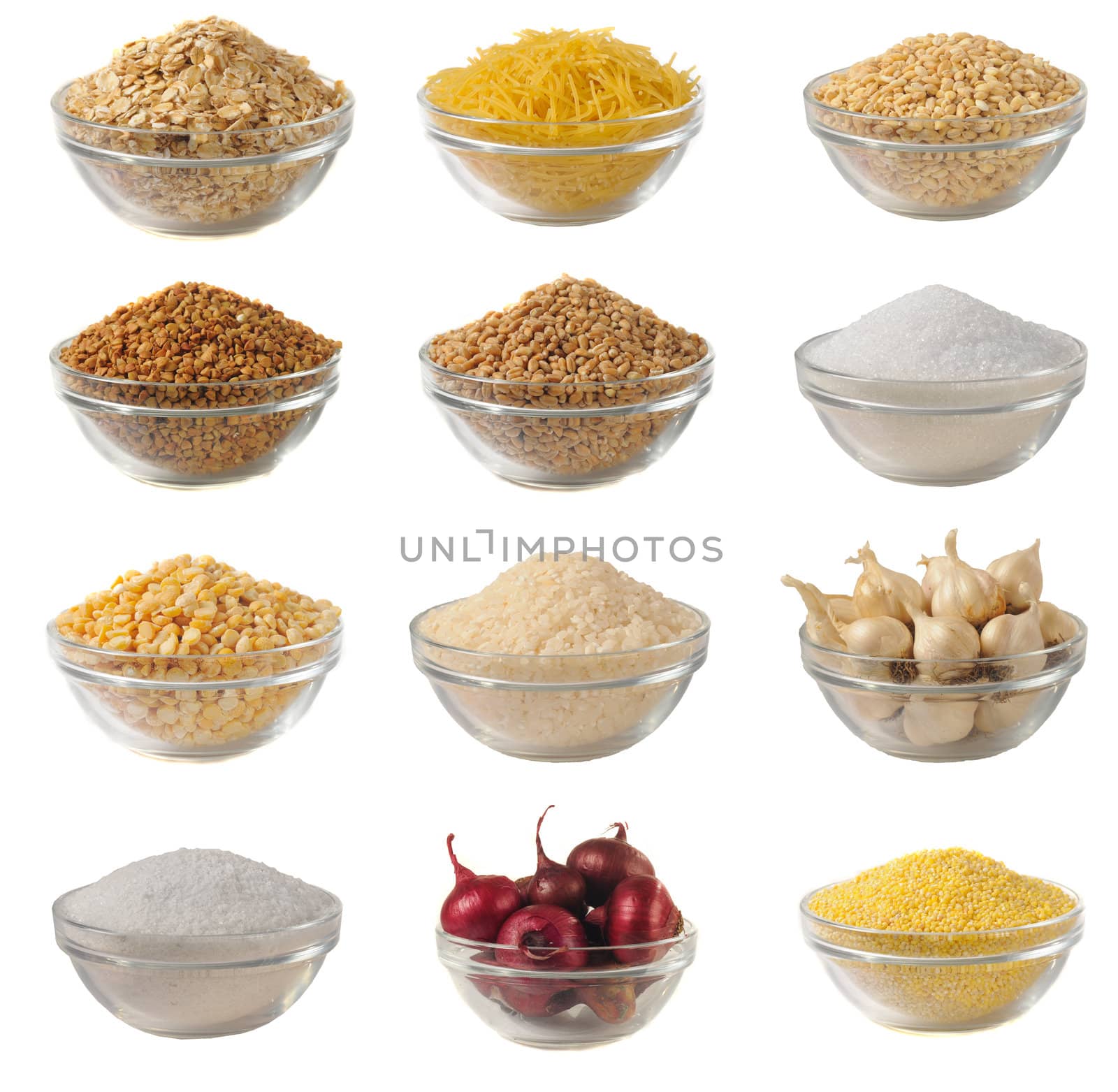 Choice dry food to utensils on a white background