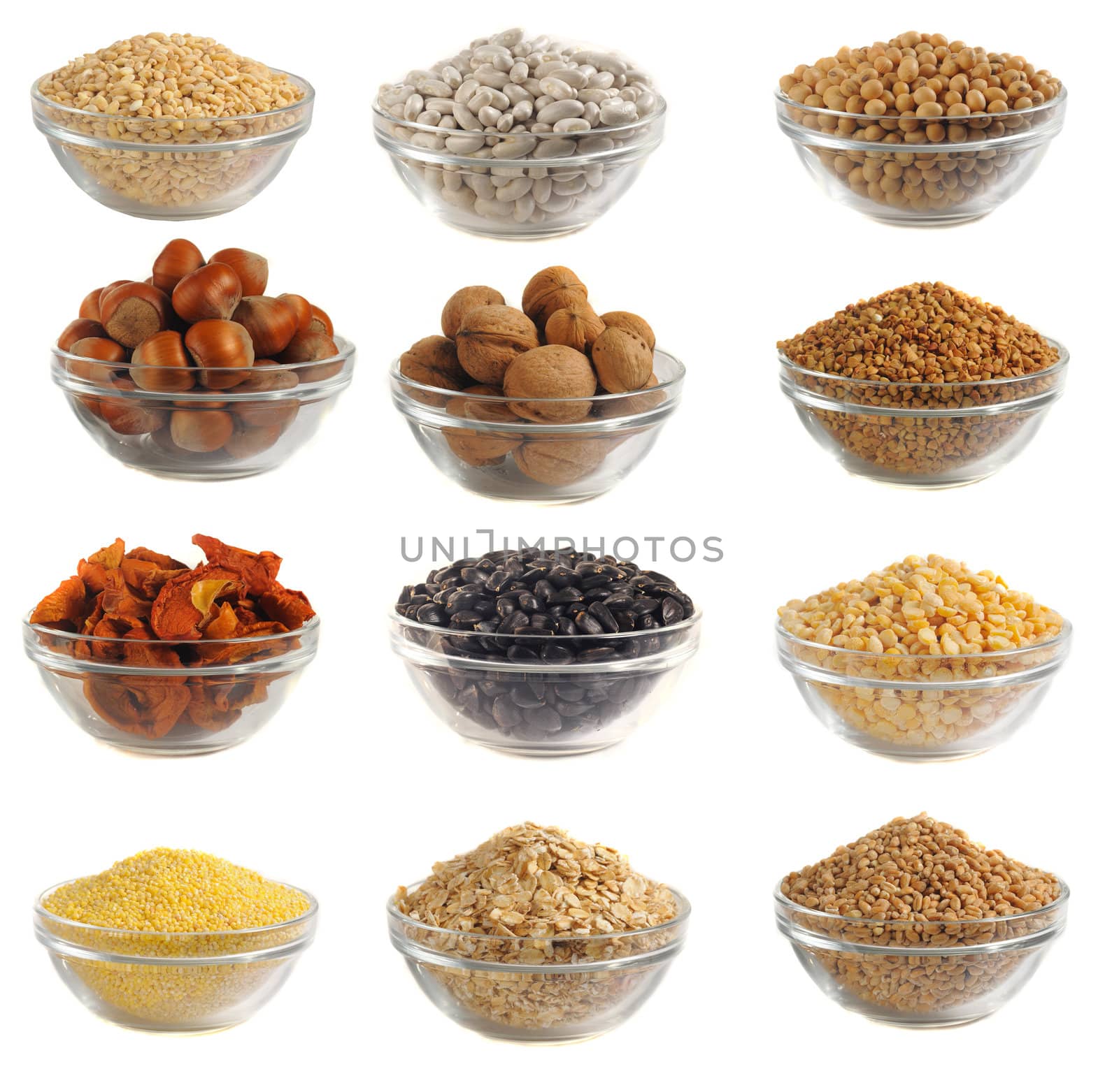 Choice dry food to utensils on a white background