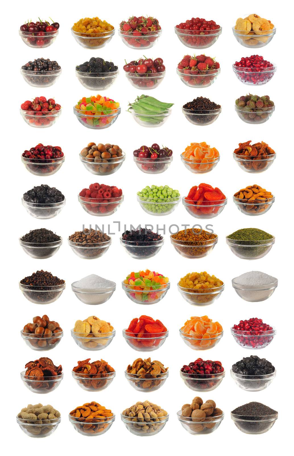 Choice dry food to utensils on a white background