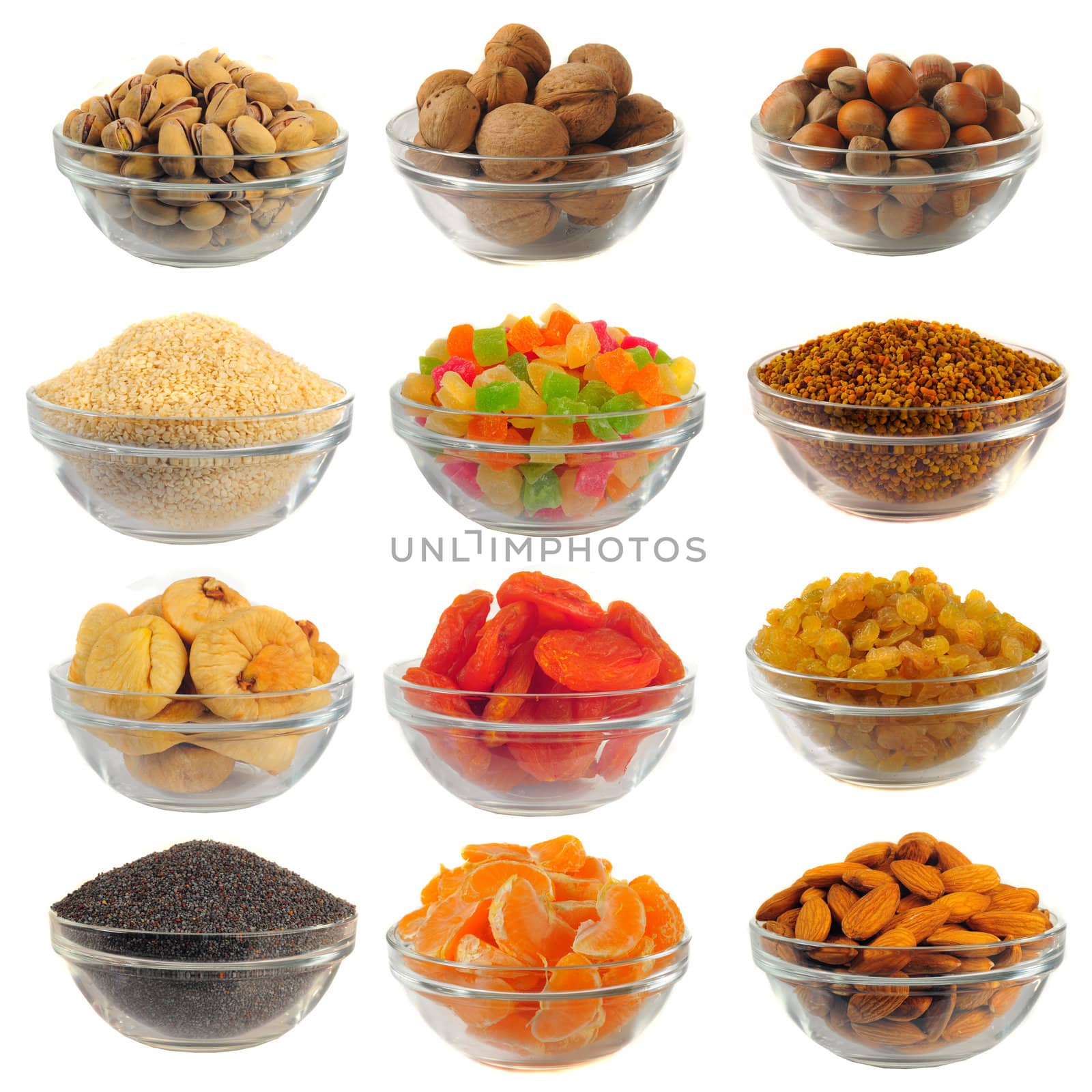 Choice dry food to utensils on a white background